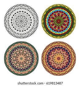 Mandala. Vector image. Spherical black-and-white and color pattern on a white background. Geometric symbol of a complex structure. Buddhist sacred symbol. Scope of abstract forms.