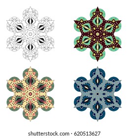 Mandala. Vector image. Spherical black-and-white and color pattern on a white background. Geometric symbol of a complex structure. Buddhist sacred symbol. Scope of abstract forms.