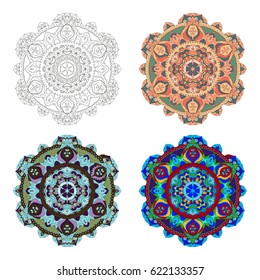Mandala. Vector image. Spherical black-and-white and color pattern on a white background. Geometric symbol of a complex structure. Buddhist sacred symbol. Scope of abstract forms.