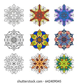 Mandala. Vector image. Spherical black-and-white and color pattern on a white background. Geometric symbol of a complex structure. Buddhist sacred symbol. Scope of abstract forms.