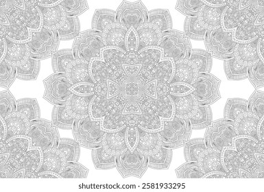 Mandala vector indian seamless pattern. Decorative ornamental flowers pattern on white background. Floral mandala flower for coloring or meditation background.