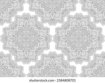 Mandala vector indian seamless pattern. Decorative ornamental flowers pattern on white background. Floral mandala flower for coloring or meditation background.