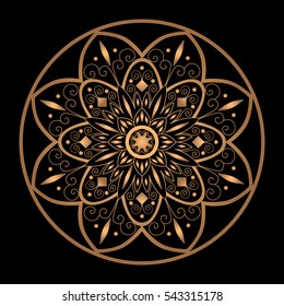 Mandala vector isolated. Luxury snowflake for Christmas greeting card. Indian, oriental or Arabic ornament. Flower gold black element design. Floral symbol for yoga studio, wedding invitation. 