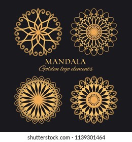 Mandala vector logo elements set. Collection of ethnic ornaments luxury design. Golden decorative graphic templates on black background