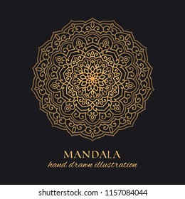Mandala vector luxury illustration. Golden decorative ornament on black background. Hand drawn ornate element for identity, prints and premium design