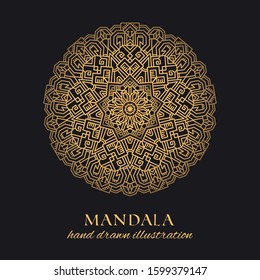Mandala vector luxury illustration. Golden decorative ornament on black background. Hand drawn ornate element for identity, prints and premium design