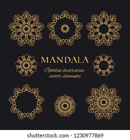 Mandala vector luxury illustrations set. Golden decorative ornaments on black background. Hand drawn ornate elements for logo, identity, prints and premium design
