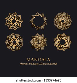 Mandala vector luxury illustrations set. Golden decorative ornaments on black background. Hand drawn ornate elements for logo, identity, prints and premium design