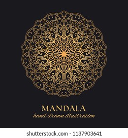 Mandala vector ornament luxury design. Golden round lace graphic element on black background. Hand drawn template for gold embossing