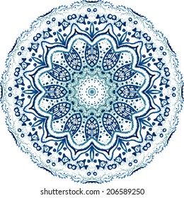 Mandala vector pattern. Watercolor blue background. Scrappbooking handmade ethnic design. Beautiful circle background. Hand drawn card template. Geometrical template. Indian art. 
