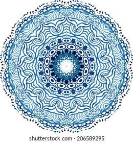 Mandala vector pattern. Watercolor blue background. Scrappbooking handmade ethnic design. Beautiful circle background. Hand drawn card template. Geometrical template. Indian art. 