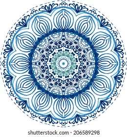 Mandala vector pattern. Watercolor blue background. Scrappbooking handmade ethnic design. Beautiful circle background. Hand drawn card template. Geometrical template. Indian art. 