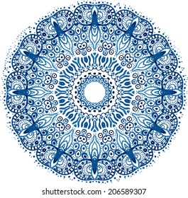 Mandala vector pattern. Watercolor blue background. Scrappbooking handmade ethnic design. Beautiful circle background. Hand drawn card template. Geometrical template. Indian art. 