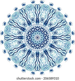 Mandala vector pattern. Watercolor blue background. Scrappbooking handmade ethnic design. Beautiful circle background. Hand drawn card template. Geometrical template. Indian art. 