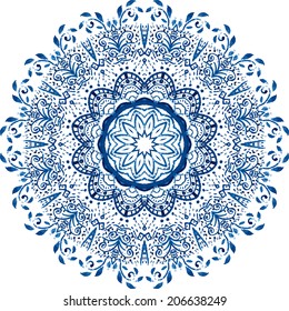 Mandala vector pattern. Watercolor vector blue background. Scrappbooking hand drawn design. Beautiful circle background. Hand drawn card template. Geometrical template. Indian art. 