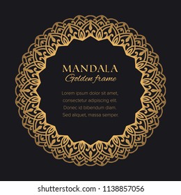 Mandala vector round frame. Vintage ornament luxury design. Golden decorative graphic element on black background