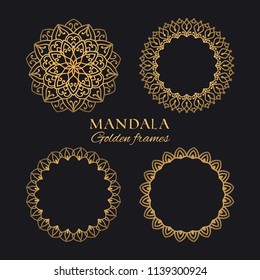 Mandala vector round frames set. Collection of ethnic ornaments luxury design. Golden decorative graphic elements on black background