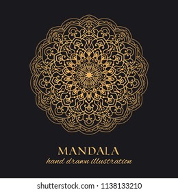Mandala vector round luxury design. Golden ornate graphic element on black background. Hand drawn template for gold embossing