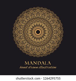 Mandala vector round luxury design. Golden ornate graphic element on black background. Hand drawn template for gold embossing