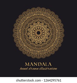 Mandala vector round luxury design. Golden ornate graphic element on black background. Hand drawn template for gold embossing