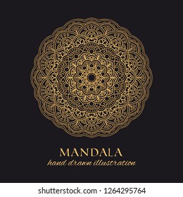Mandala vector round luxury design. Golden ornate graphic element on black background. Hand drawn template for gold embossing