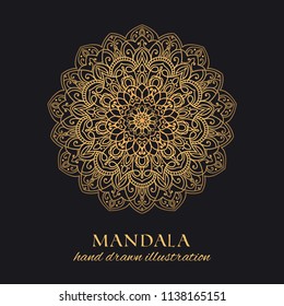 Mandala vector round ornament luxury design. Golden ethnic element on black background. Hand drawn template for prints and decor