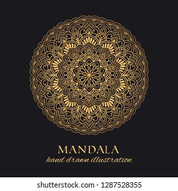 Mandala vector round ornament luxury design. Golden ethnic element on black background. Hand drawn template for prints and decor