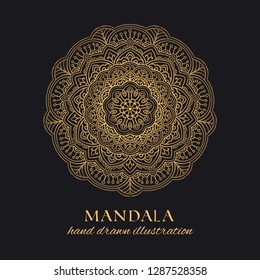 Mandala vector round ornament luxury design. Golden ethnic element on black background. Hand drawn template for prints and decor