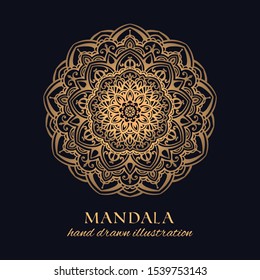 Mandala vector round ornament luxury design. Golden ethnic element on black background. Hand drawn template for prints and decor