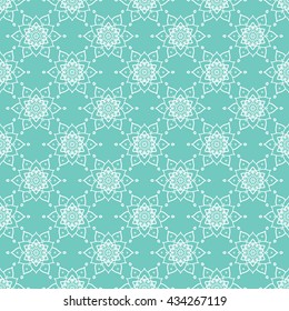 Mandala. Vector seamless pattern of mandala. White Oriental Ornament on mint background. Arabic, Indian motifs.