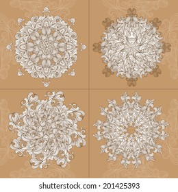 Mandala. Vector set round ornament pattern. Paisley ornamental floral design on vintage background. Each element is insulated. Convenient to use. Set with abstract floral elements in ethnic style. 
