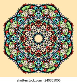 Mandala vector. Stylized indian tribal flower like chakra or yantra symbol over yellow background.