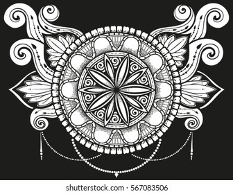 Mandala Vector tattoo. Perfect card for any kind of design, birthday and other holiday, kaleidoscope, medallion, coloring book. Yoga, india, arabic, Islam motifs. Black background.