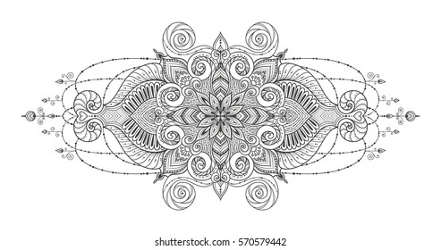 Mandala Vector tattoo. Perfect card for any kind of design, birthday and other holiday, kaleidoscope, medallion, coloring book. Yoga, india, arabic, Islam motifs. Black and white background.