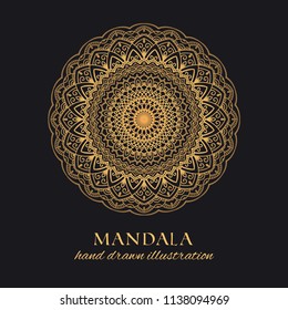Mandala vector tribal frame luxury design. Golden decorative graphic element on black background. Hand drawn template for gold embossing