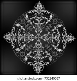 mandala with victorian  silver metal elements on black background