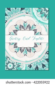 Mandala vintage card in arabic and indian, islam and ottoman, turkish, asian style for brochure, flyer design, greeting, invitation card, cover. Format A4. Snow holiday ornament. Vector