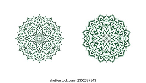 Elementos decorativos de Mandala Vintage. 2 conjuntos de mandala de color verde. Patrón oriental, ilustración vectorial. Islam, árabe, indio, marroquí, España, turco, Pakistán, chino y místico