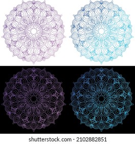 Mandala . Vintage decorative elements. Oriental pattern, vector illustration. traditional oriental motifs. Colored, purple-pink and blue, on a white and black background