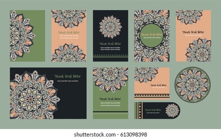 Mandala Vintage Greeting Invitation Card Set Vector.