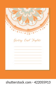 Mandala vintage template card in arabic and indian, islam and ottoman, turkish, asian style for brochure, flyer, greeting, invitation card, cover. Format A4. Floral holiday ornamental design. Vector