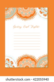 Mandala vintage template card in arabic and indian, islam and ottoman, turkish, asian style for brochure, flyer, greeting, invitation card, cover. Format A4. Floral holiday ornamental design. Vector