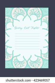 Mandala vintage template card in arabic and indian, islam and ottoman, turkish, asian style for brochure, flyer, greeting, invitation card, cover. Format A4. Floral holiday ornamental design. Vector