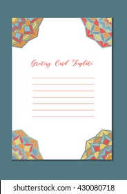 Mandala vintage template card in arabic and indian, islam and ottoman, turkish, asian style for brochure, flyer, greeting, invitation card, cover. Format A4. Floral holiday ornamental design. Vector