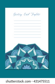 Mandala vintage template card in arabic and indian, islam and ottoman, turkish, asian style for brochure, flyer, greeting, invitation card, cover. Format A4. Floral holiday ornamental design. Vector