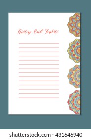 Mandala vintage template card in arabic and indian, islam and ottoman, turkish, asian style for brochure, flyer, greeting, invitation card, cover. Format A4. Floral holiday ornamental design. Vector