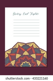 Mandala vintage template card in arabic and indian, islam and ottoman, turkish, asian style for brochure, flyer, greeting, invitation card, cover. Format A4. Floral holiday ornamental design. Vector