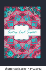 Mandala vintage template card in arabic and indian, islam and ottoman, turkish, asian style for brochure, flyer, greeting, invitation card, cover. Format A4. Floral holiday ornamental design. Vector