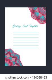 Mandala vintage template card in arabic and indian, islam and ottoman, turkish, asian style for brochure, flyer, greeting, invitation card, cover. Format A4. Floral holiday ornamental design. Vector