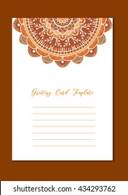 Mandala vintage template card in arabic and indian, islam and ottoman, turkish, asian style for brochure, flyer, greeting, invitation card, cover. Format A4. Floral holiday ornamental design. Vector